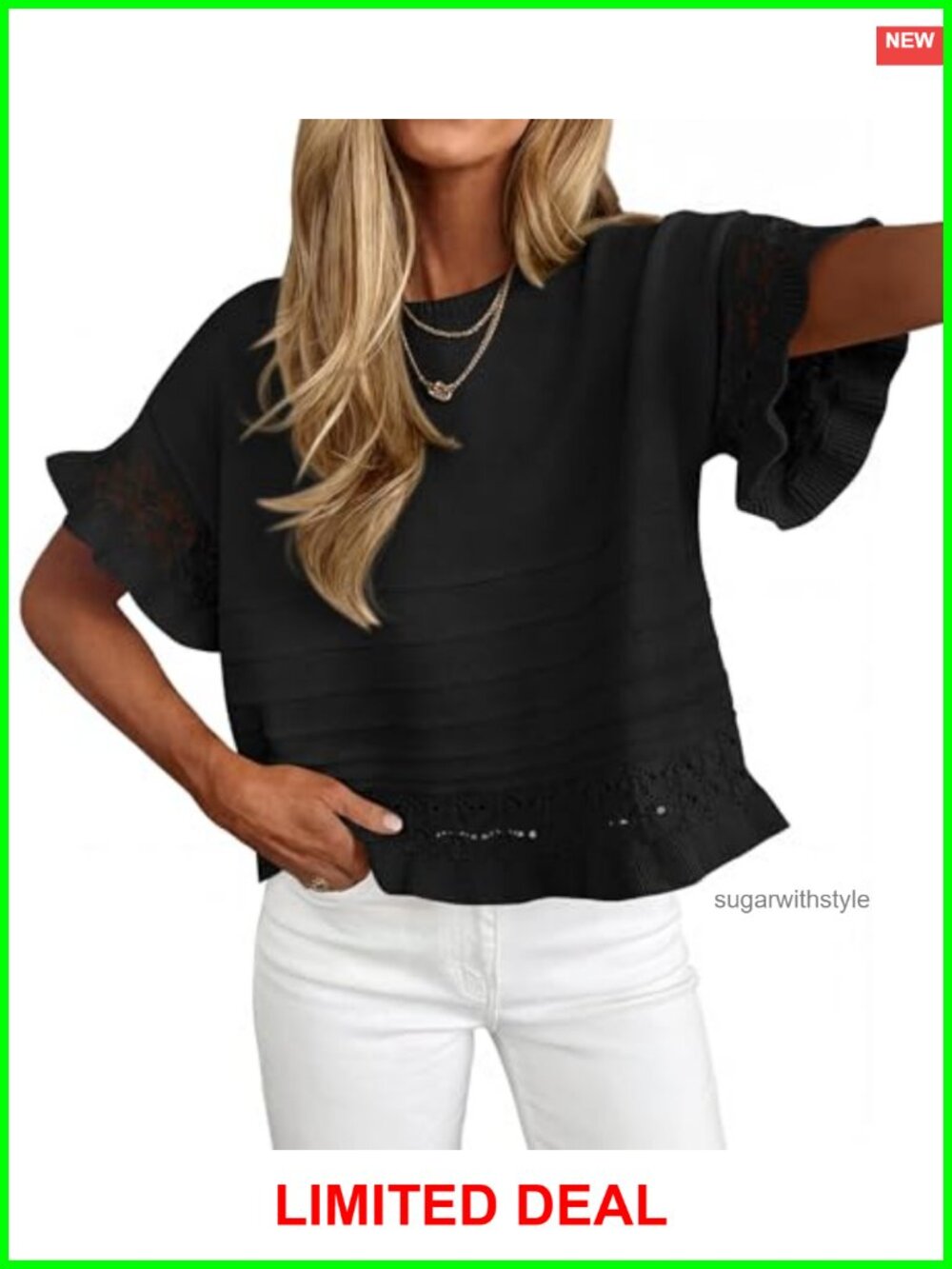 100% Cotton Crochet Short Sleeve Sweater Ruffle Pullover Top